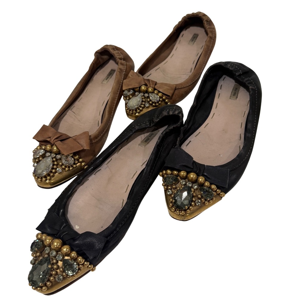 Miu Miu Crystal Embellished Ballet Flats Set Black Tan Leather 5F7526 39.5 AS IS